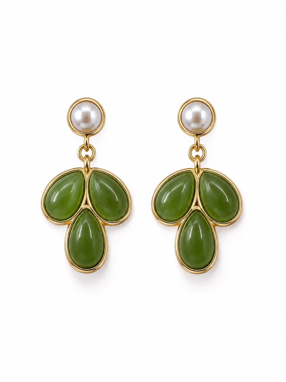 Jade Olive Petal Pearl Drop Earrings